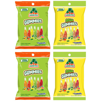 Jarritos Sour Gummies Candy - 4 Pack of Mexican Candies with Natural Flavors - 2 Sour & 2 Original Bags - 6 Fruity Flavors - Tan