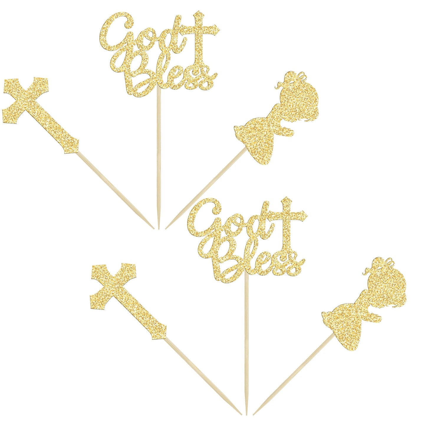 Gyufise 24Pcs Gold Glitter God Bless And Cross Cupcake Toppers Girl Babyshower Cake Topper Decorations For Babyshower Girl Bapti