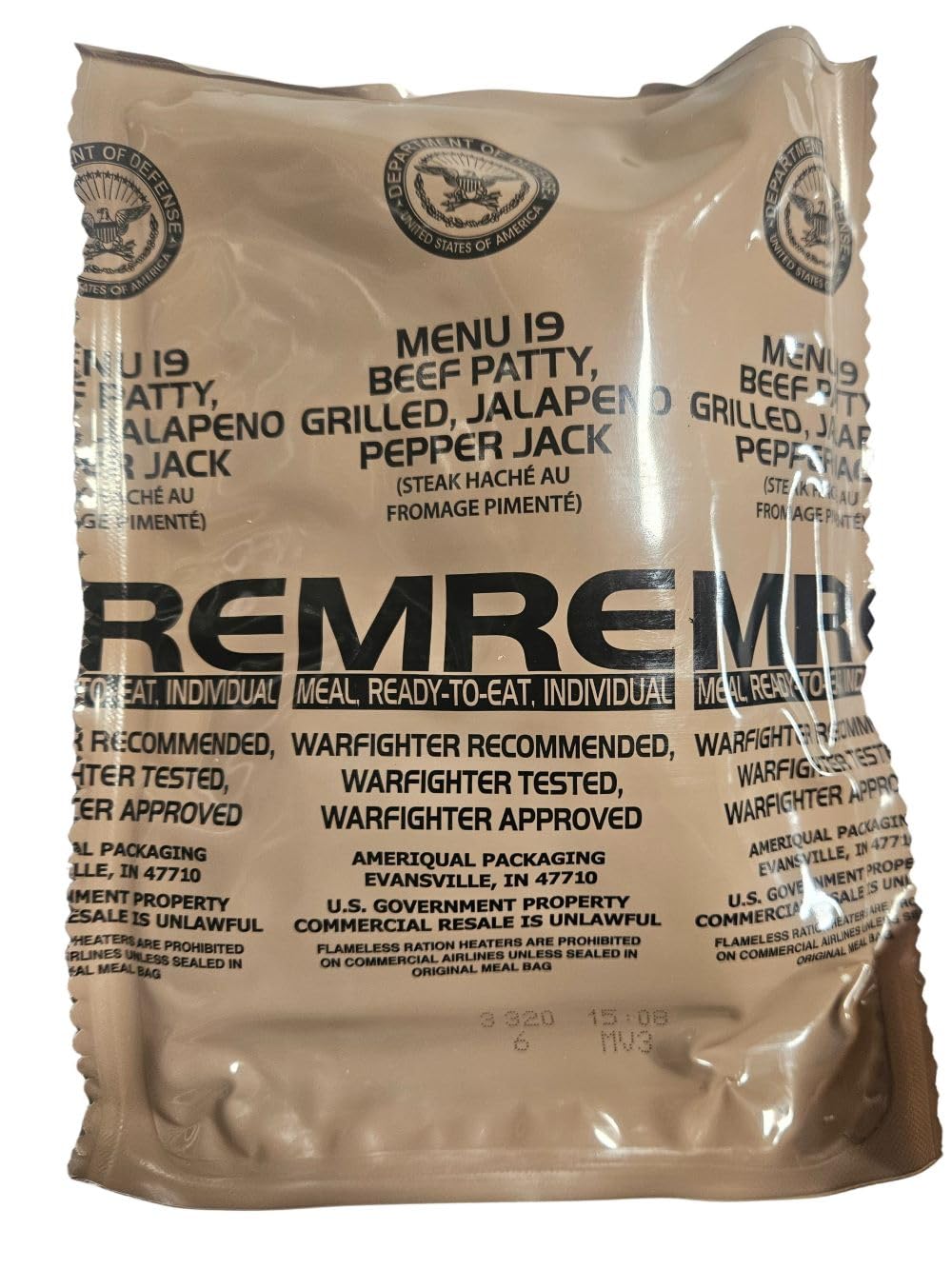 EPIDEMIC PROOF Genuine USGI MRE Meal, Ready to Eat - Jalapeno Beef Patty, Inspection Date 01/2026 or Newer, Includes Entree, Snacks, Drink