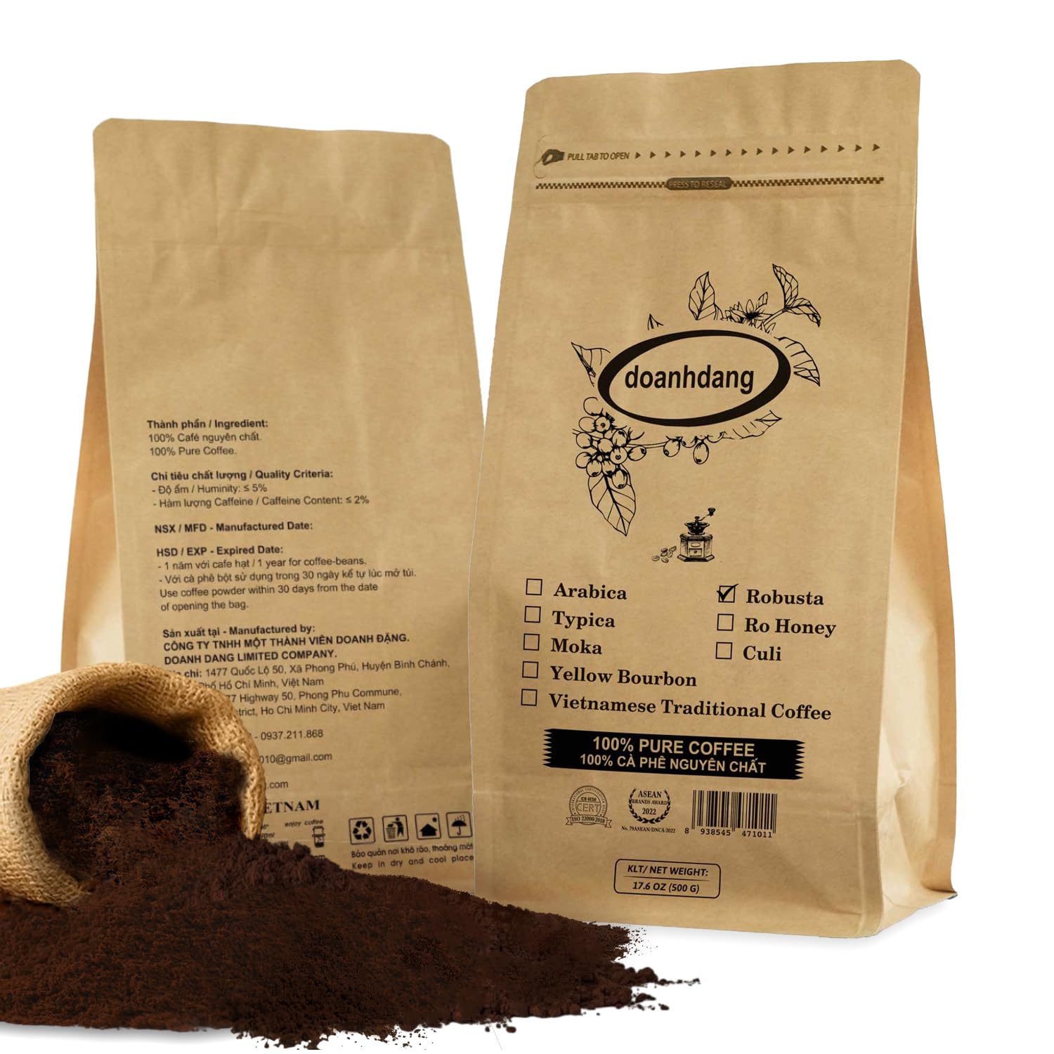 Doanhdang - 17.6 Oz Enhanced Robusta Ground Bean Coffee, 100% Robusta Medium Roast, Rich Flavor For Espresso Shot And Brew, Origin From Vietnam, Ground Med Roast Beans