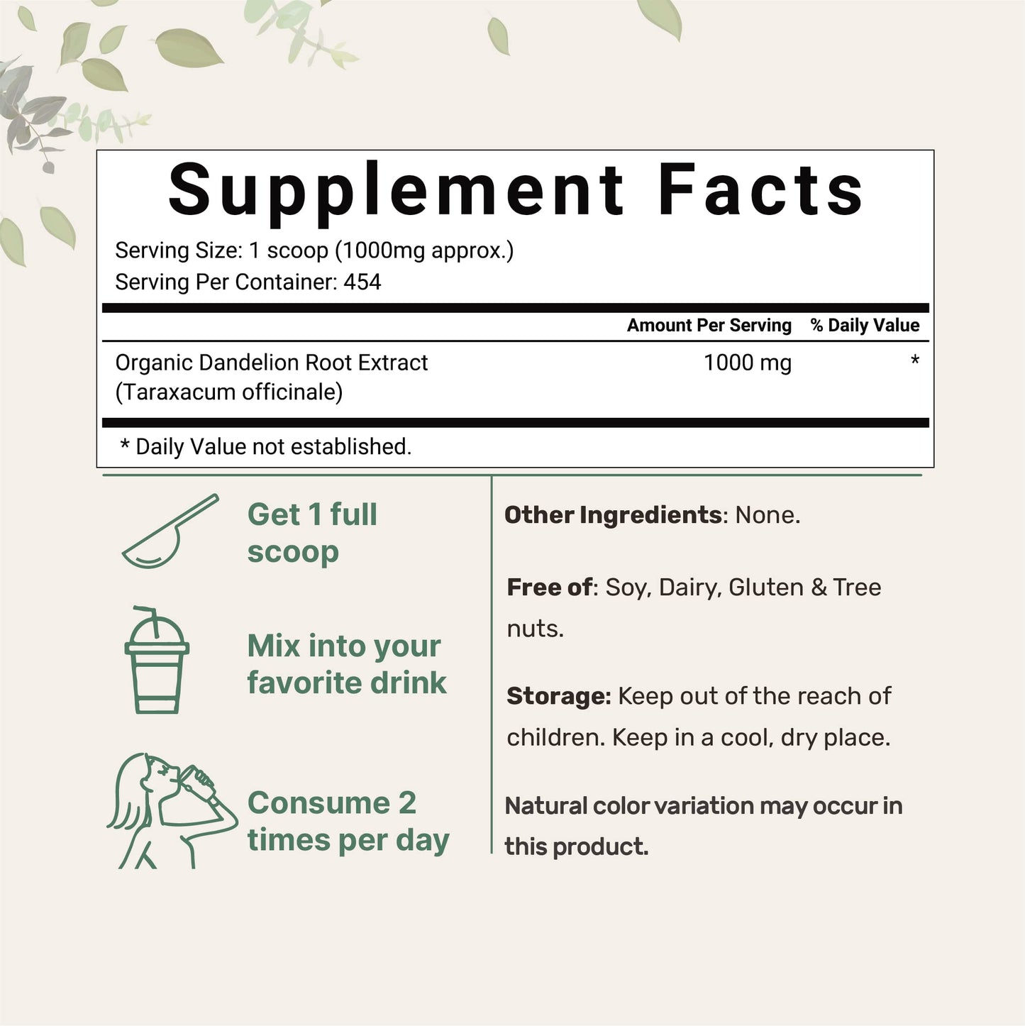 Micro Ingredients Organic Dandelion Root Tea Powder, 16oz, Caffeine Free, Non-GMO, Up to 450 Servings