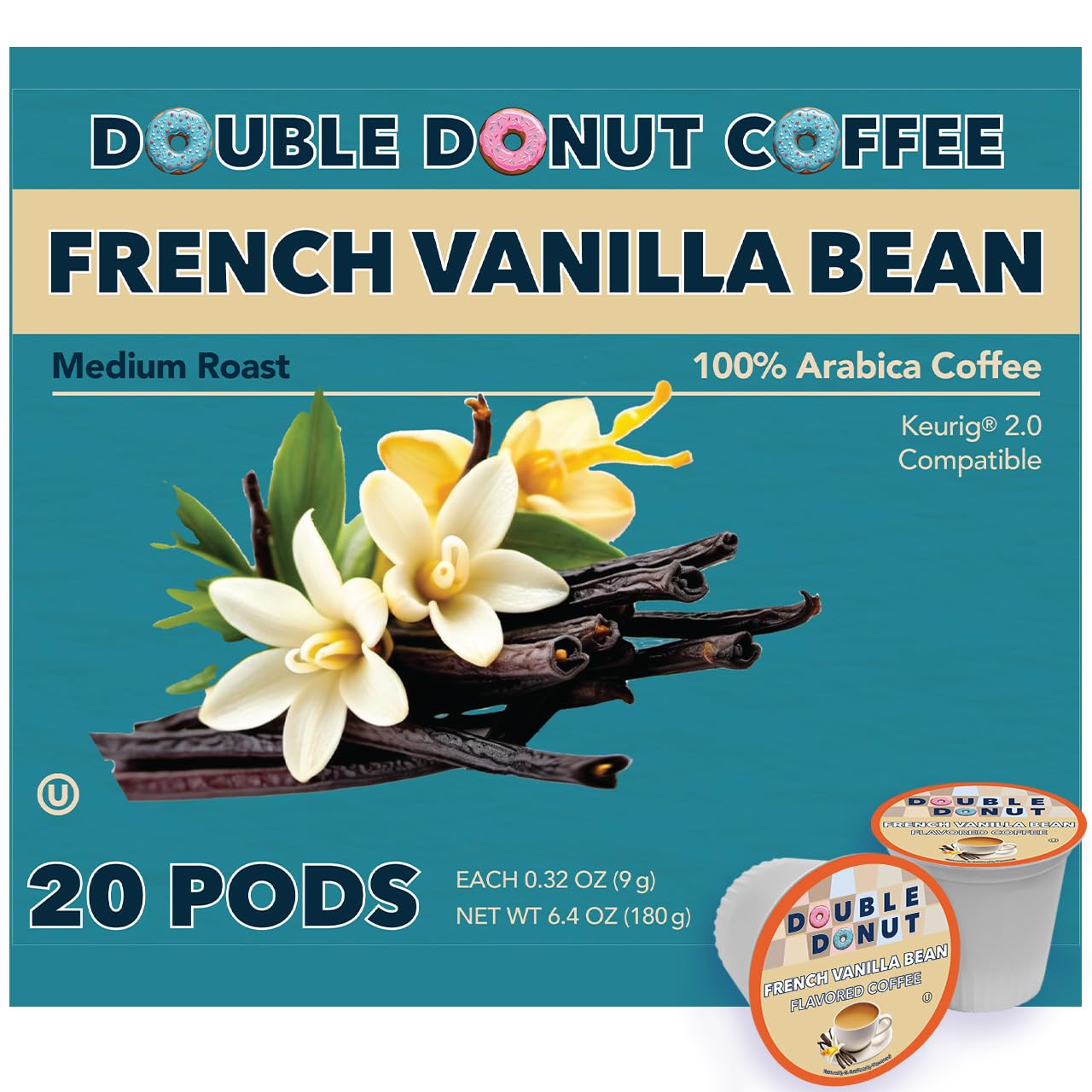Double Donut Coffee French Vanilla Coffee Pods, Medium Roast, Compatible with Keurig, 20 Count