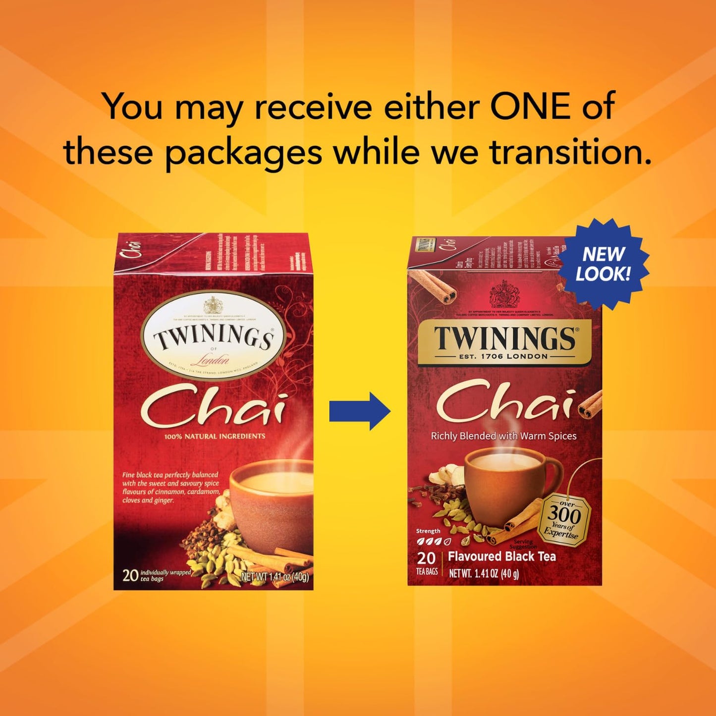 Twinings Chai Tea, Caffeinated Black Tea Naturally Flavored with Aromatic Spices and Ginger, Tea Bags Individually Wrapped, 20 C