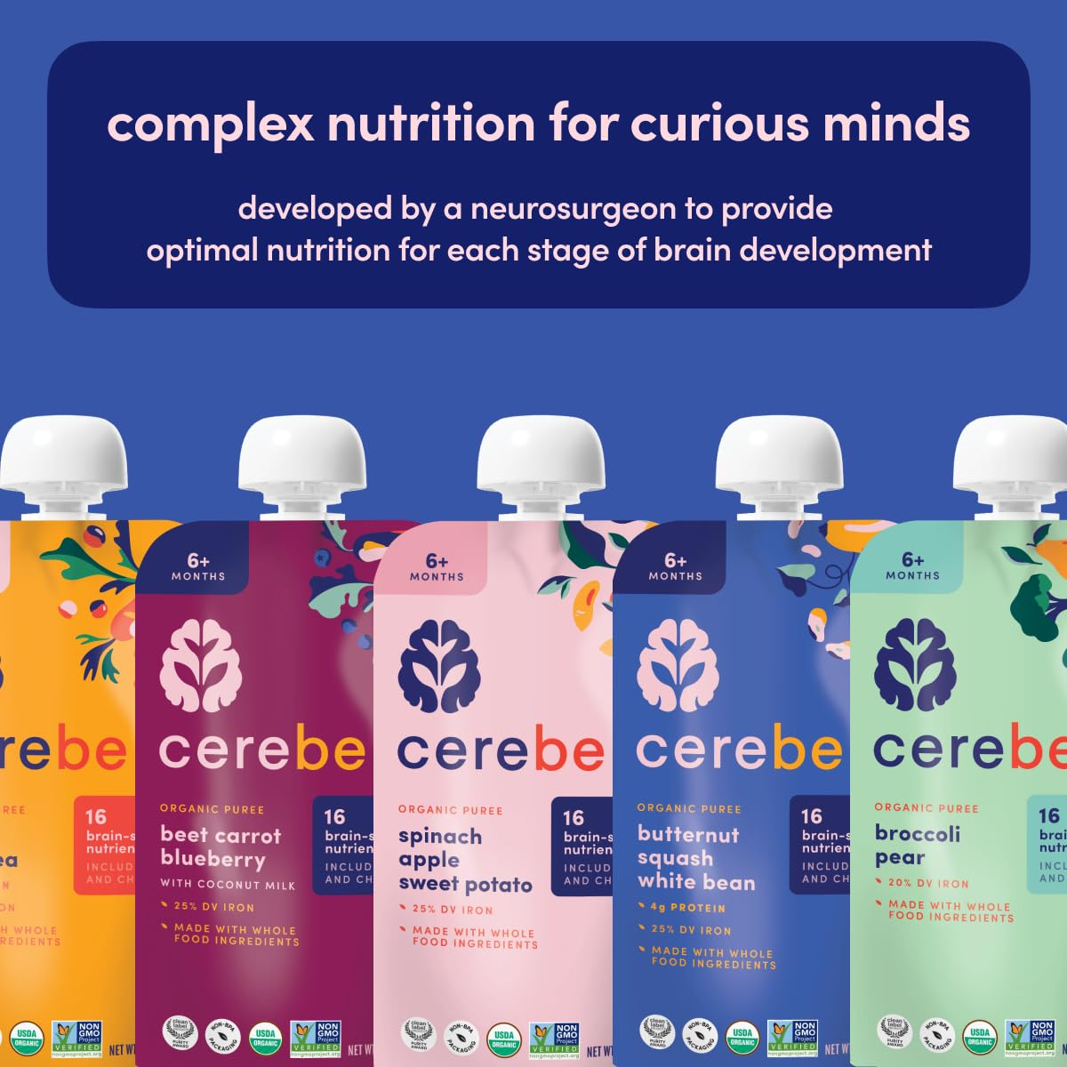 Cerebelly Organic Baby Food Pouches, Black Bean Sweet Potato Purees, 16 Nutrients, No Added Sugar & Non-GMO Toddler Snacks, 4 oz