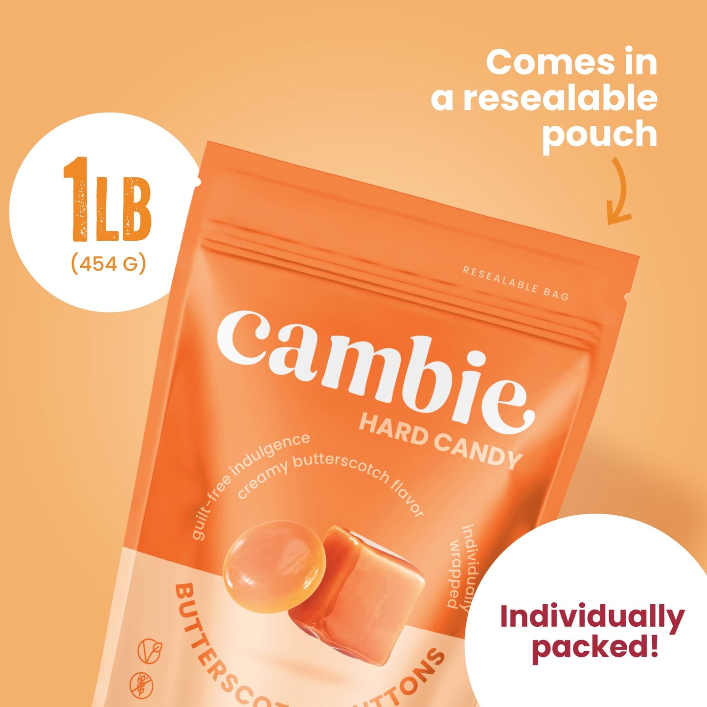Sugar Free Butterscotch Hard Candy By Cambie,1 Lb Of Sugar Free Hard Candy, Individually Wrapped Butterscotch Candy, Deliciously