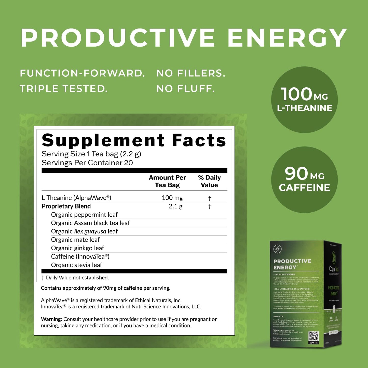 CogniTea Productive Energy Tea - 100mg L-Theanine, 90mg Caffeine, Organic Guayusa & Yerba Mate, Assam Black Tea