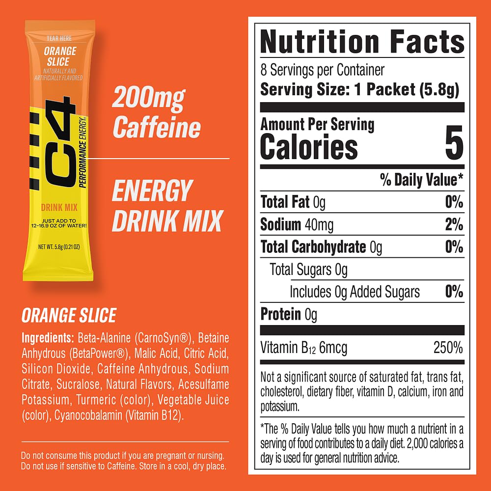 C4 Performance Energy  Orange Slice Drink Mix  200mg Caffeine  Zero Sugar  NSF (2 Boxes  16 Sticks)