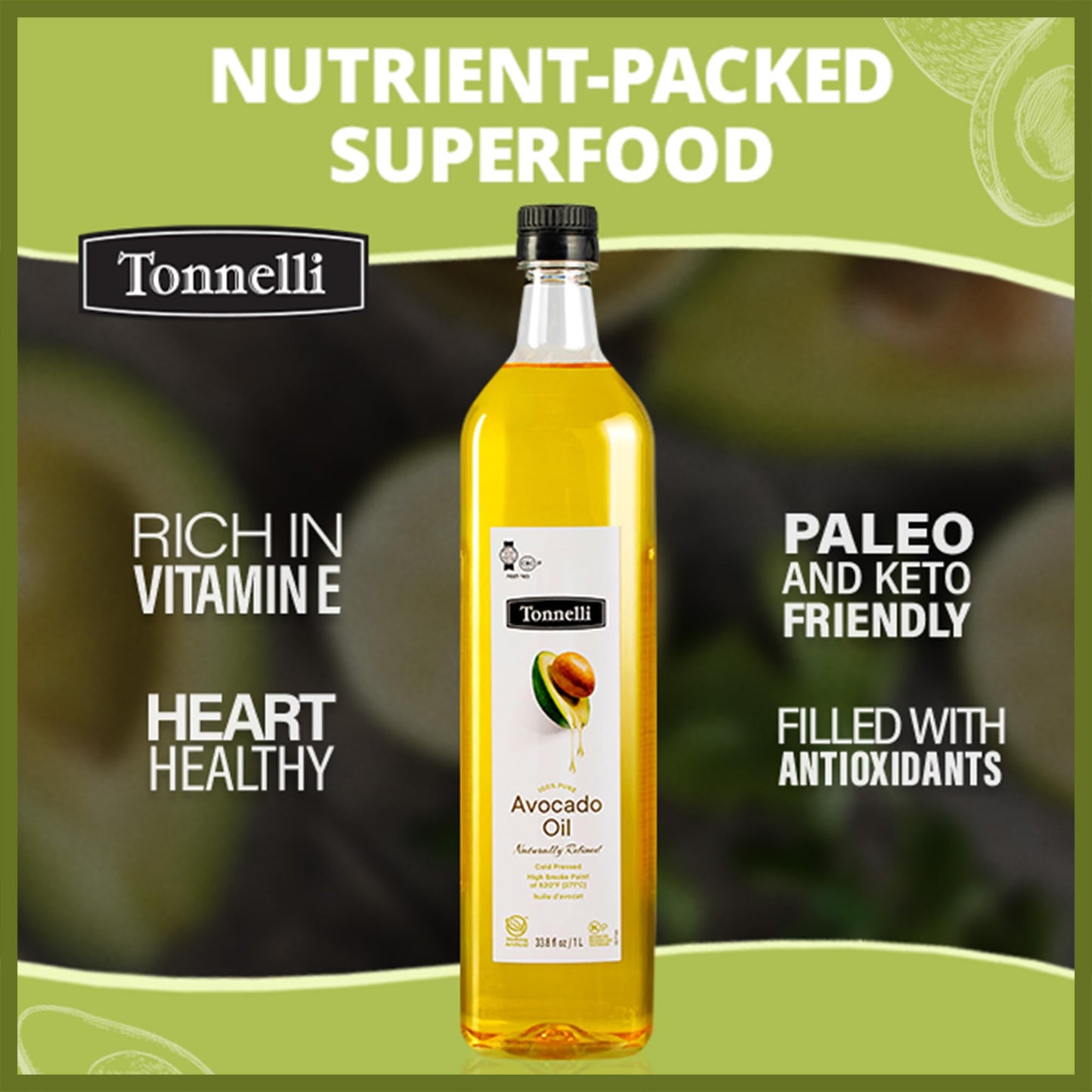 Tonnelli Premium Cold Pressed Naturally Refined Avocado Oil, 1 Liter | High Smoke Point 520F | Product Of Spain Certified Kosher