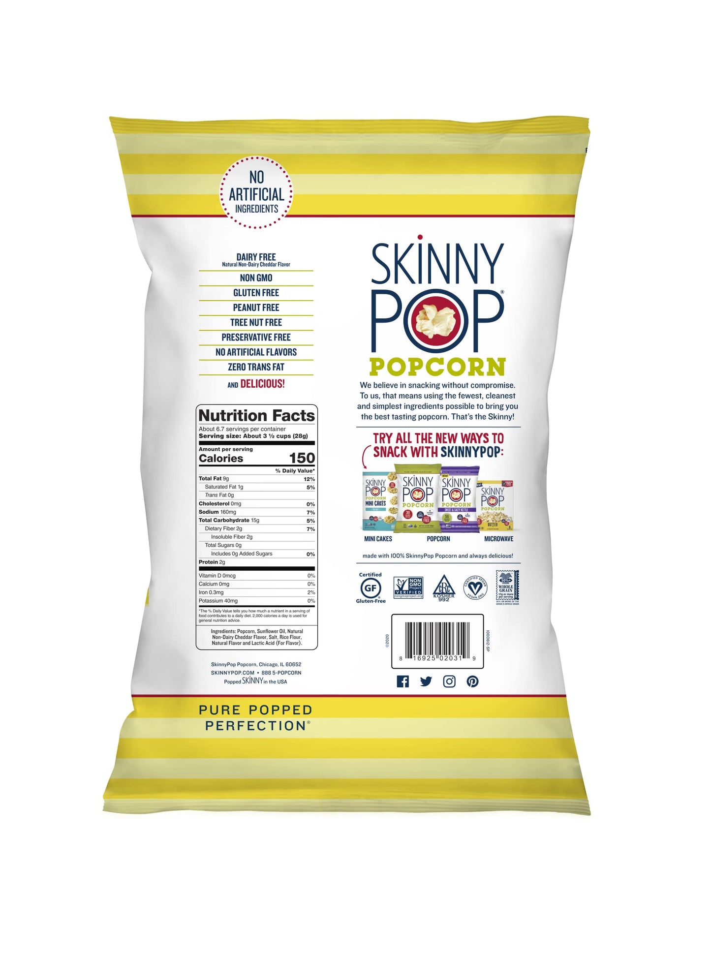 Skinnypop White Cheddar Popcorn, Popped Popcorn, 6.7 Oz. Sharing Sized Bag, Non Gmo, Dairy Free, Gluten Free, Healthy Snacks For