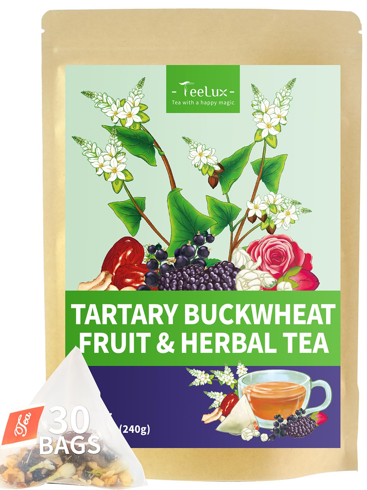 TeeLux Rose Blueberry Tea Bags, Caffeine Free, Floral Aroma, 30 Count