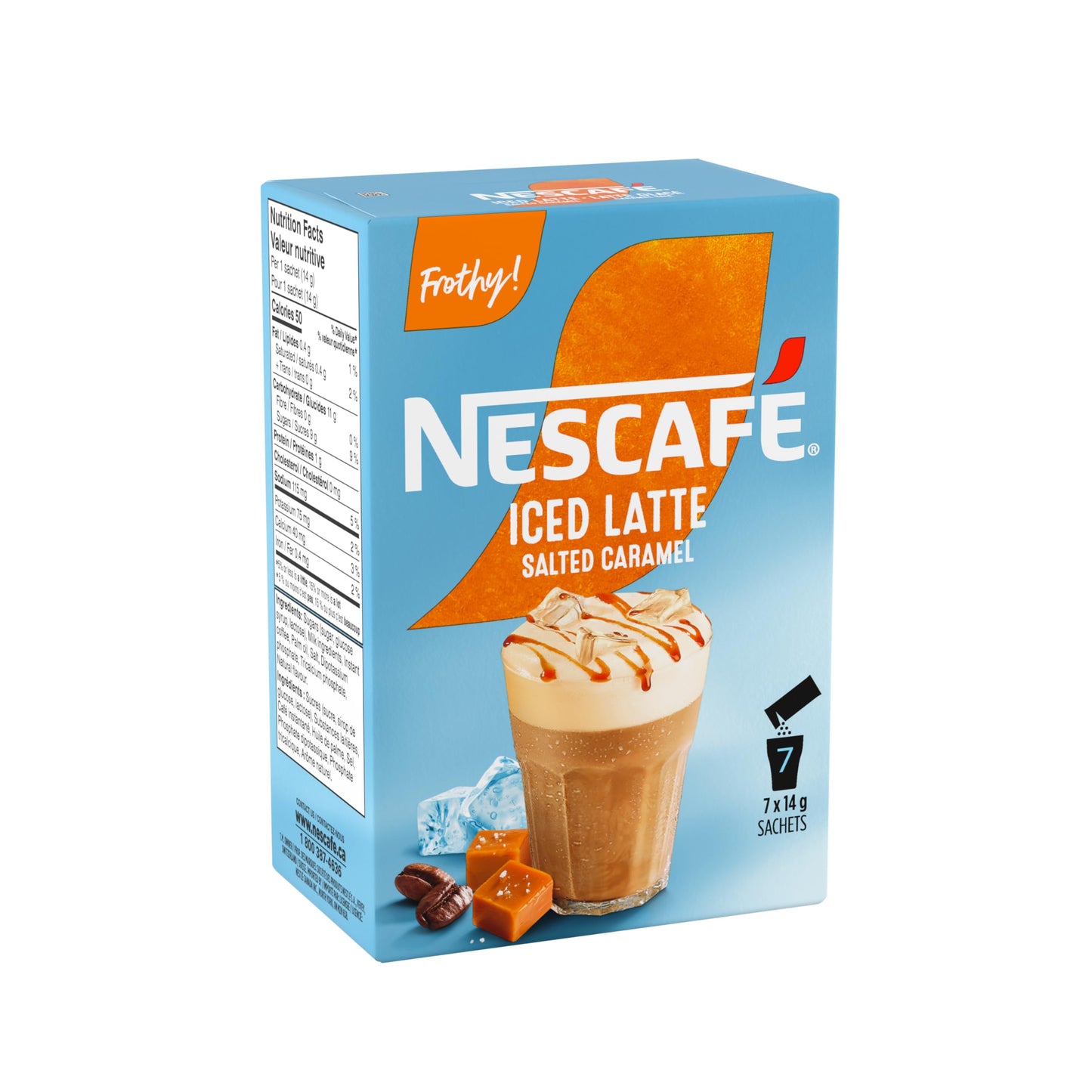 NESCAFÉ Iced Latte Instant Coffee Sachets, Salted Caramel, 3.45 oz, 7ct, Imported from Canada