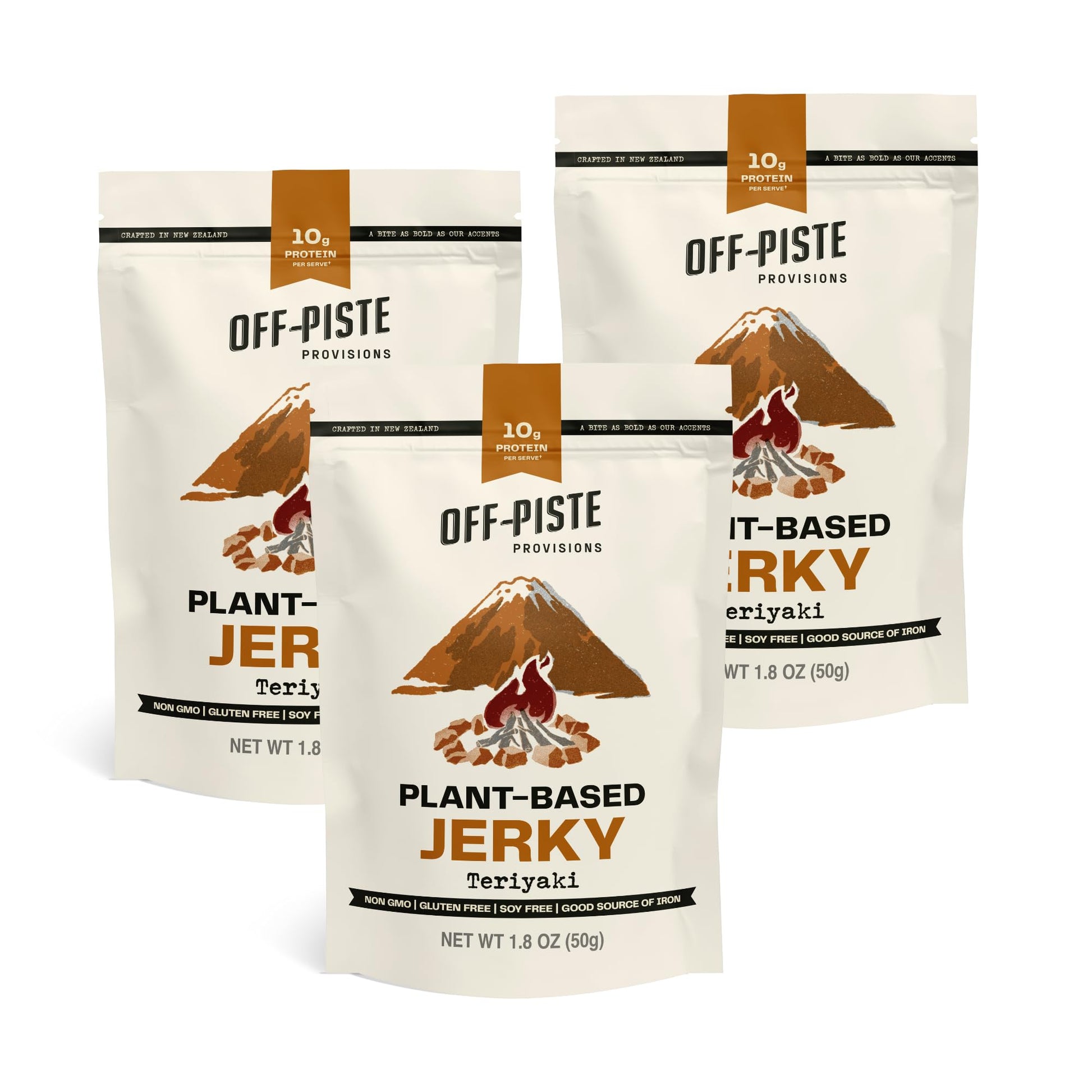Off-Piste Teriyaki Plant-Based Jerky, 1.8oz., Pack of 3 - High Protein Healthy Snacks Vegan Jerky for Recovery, School, Office, 