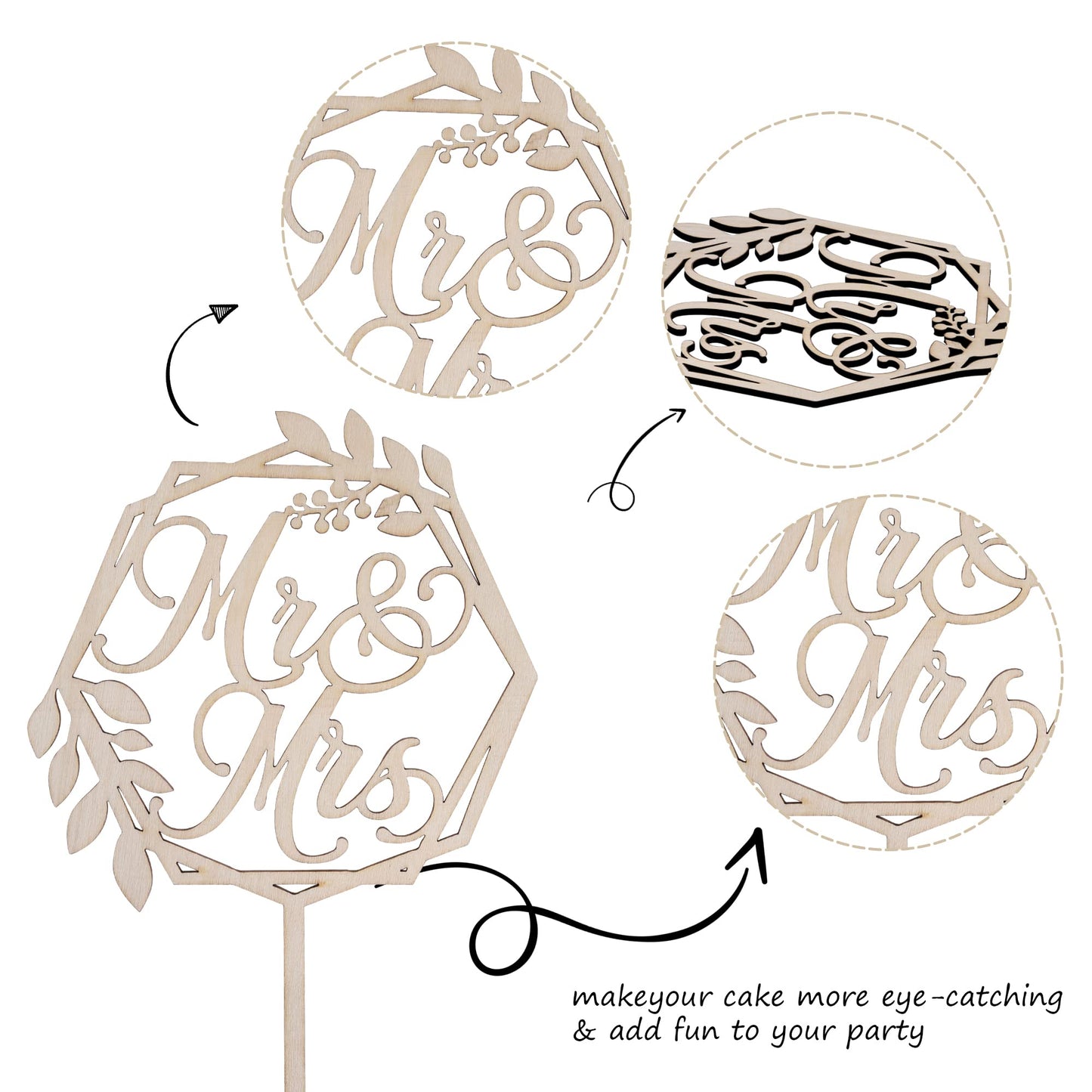 ZHUOWEISM Wooden Cake Topper - Mr & Mrs with Leaves Wreath - Small Size - Design 1 - Ideal for Weddings and Parties