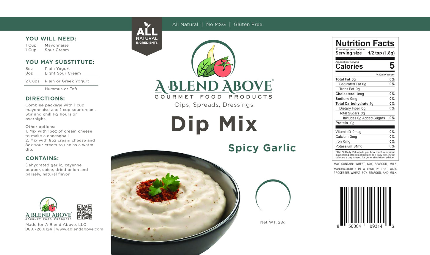 A Blend Above Spicy Garlic Dip Mix for Gourmet Appetizers for Parties, 1 oz Packet (3 Pack), Spicy Dip, Gluten-Free, No MSG, All