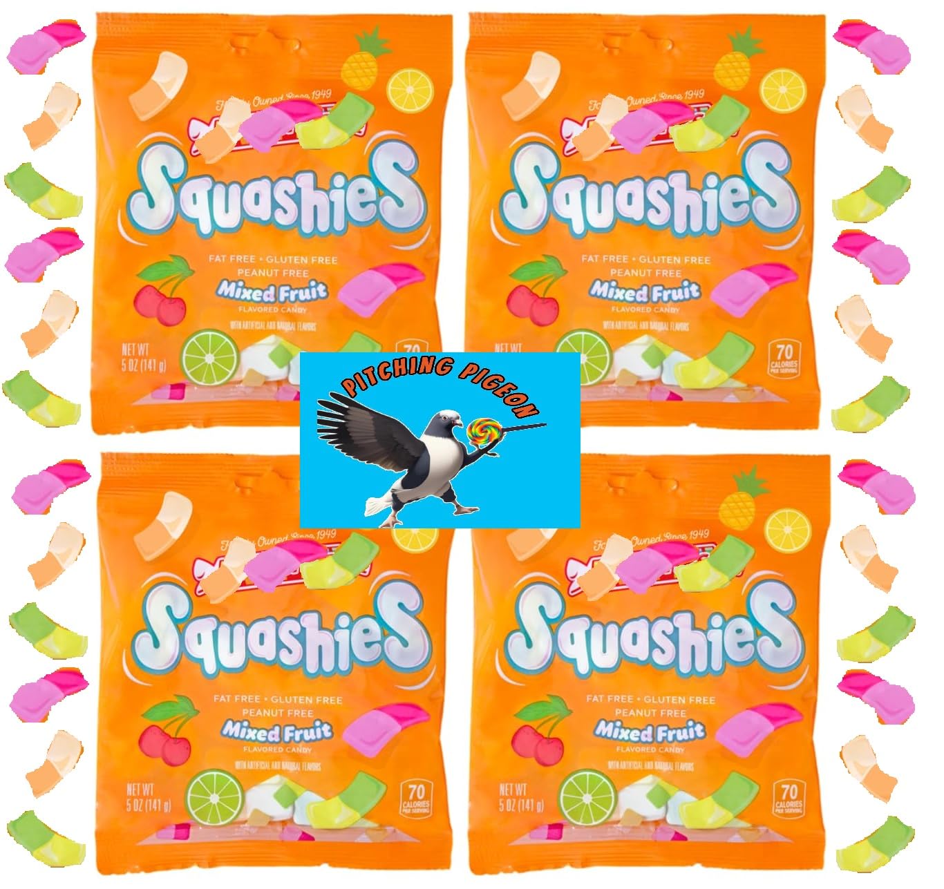 PITCHING PIGEON Squashies Mixed Fruit Chewy Marshmallow Gummy Candy, 20oz (~140 Pieces)