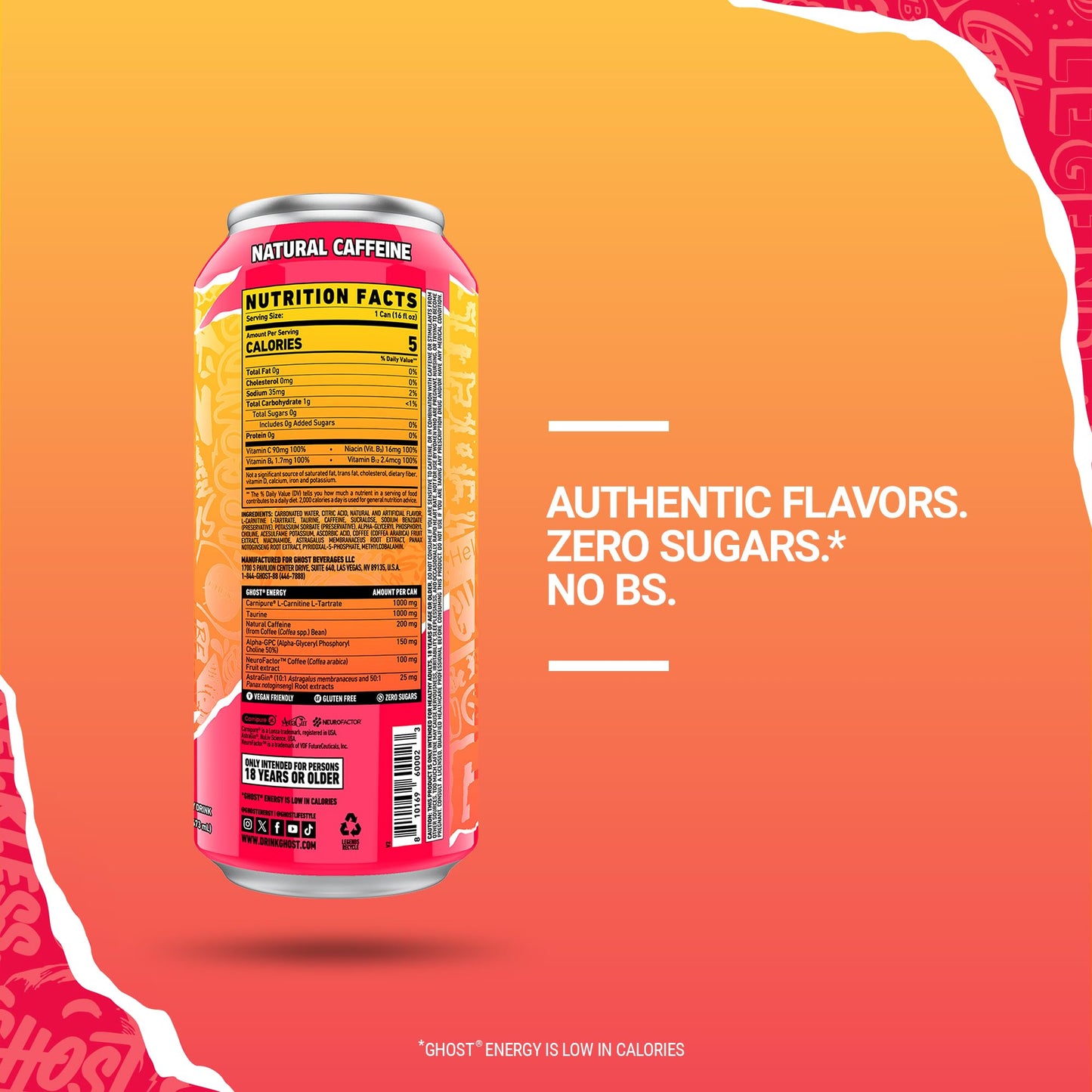 GHOST Energy Drink - 12-Pack Strawbango - 16oz - Gluten-Free, Vegan, 200mg Natural Caffeine, No Artificial Colors