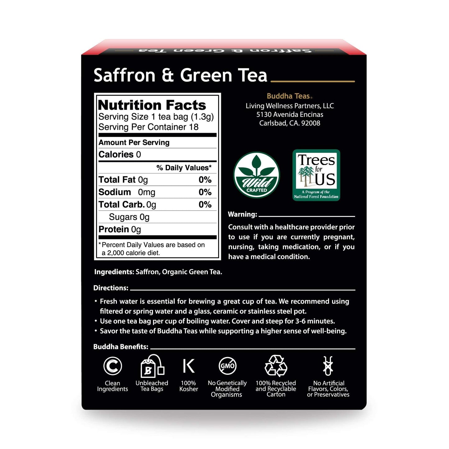 Buddha Teas Saffron & Green Tea - OU Kosher, 18 Bleach-Free Tea Bags, 18 Count