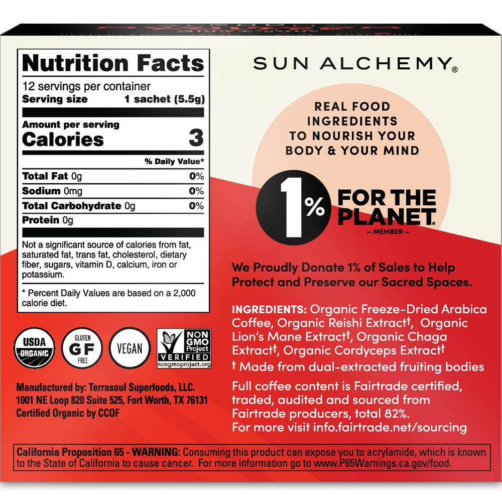 Sun Alchemy Mushroom Coffee, Energize with Organic Fair-Trade Coffee, Lions Mane, Reishi, Chaga & Cordyceps Mushrooms - 12 Sache