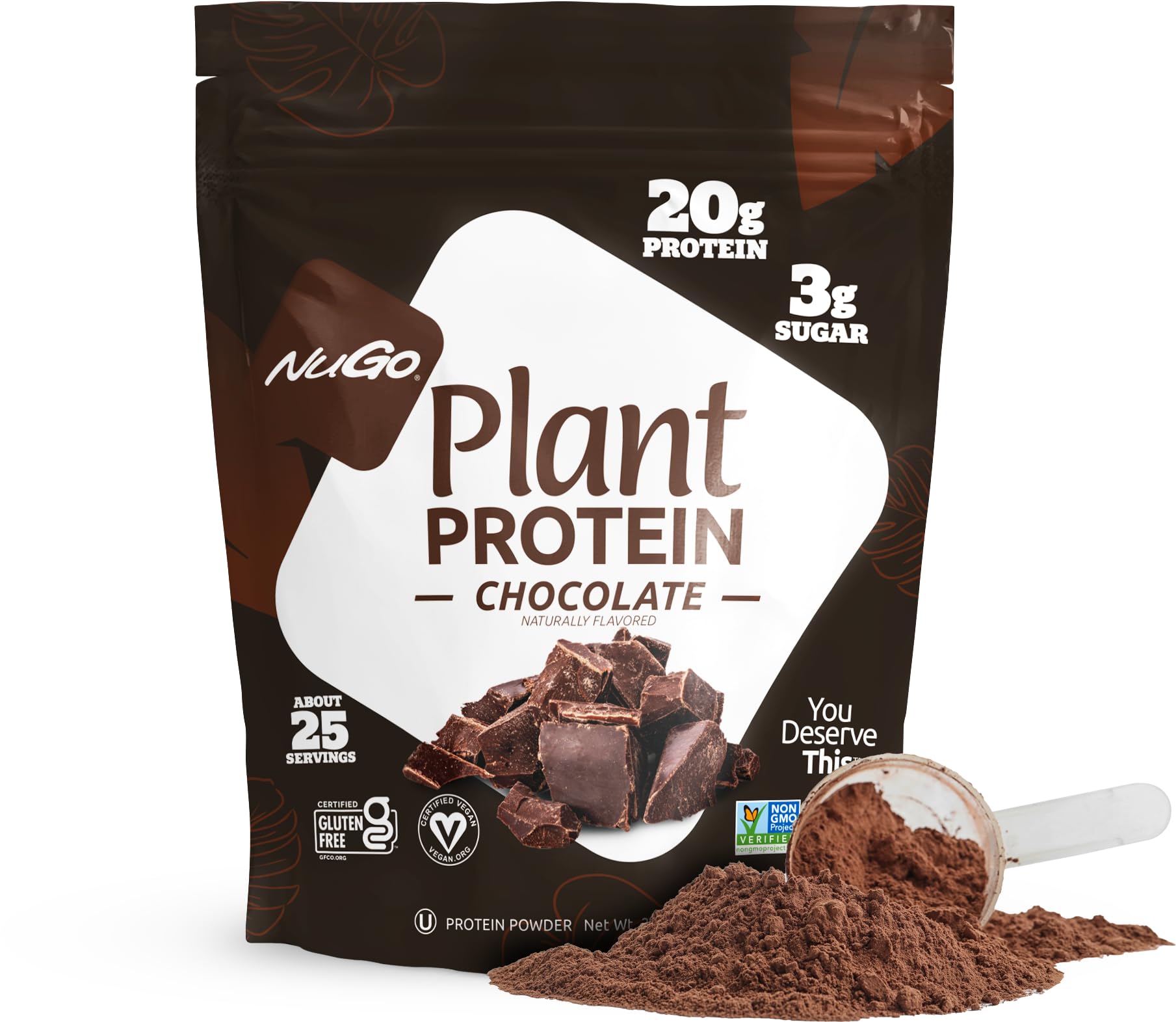 NuGo Plant Protein Powder, Chocolate, 20g Vegan Pea Protein, Low Sugar, Gluten Free, Dairy Free Ingredients, Soy Free, Non-GMO, 
