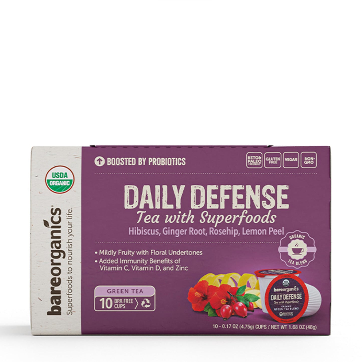 BareOrganics DAILY DEFENSE TEA (Organic) with superfoods and Probiotics  10ct single serve Cups