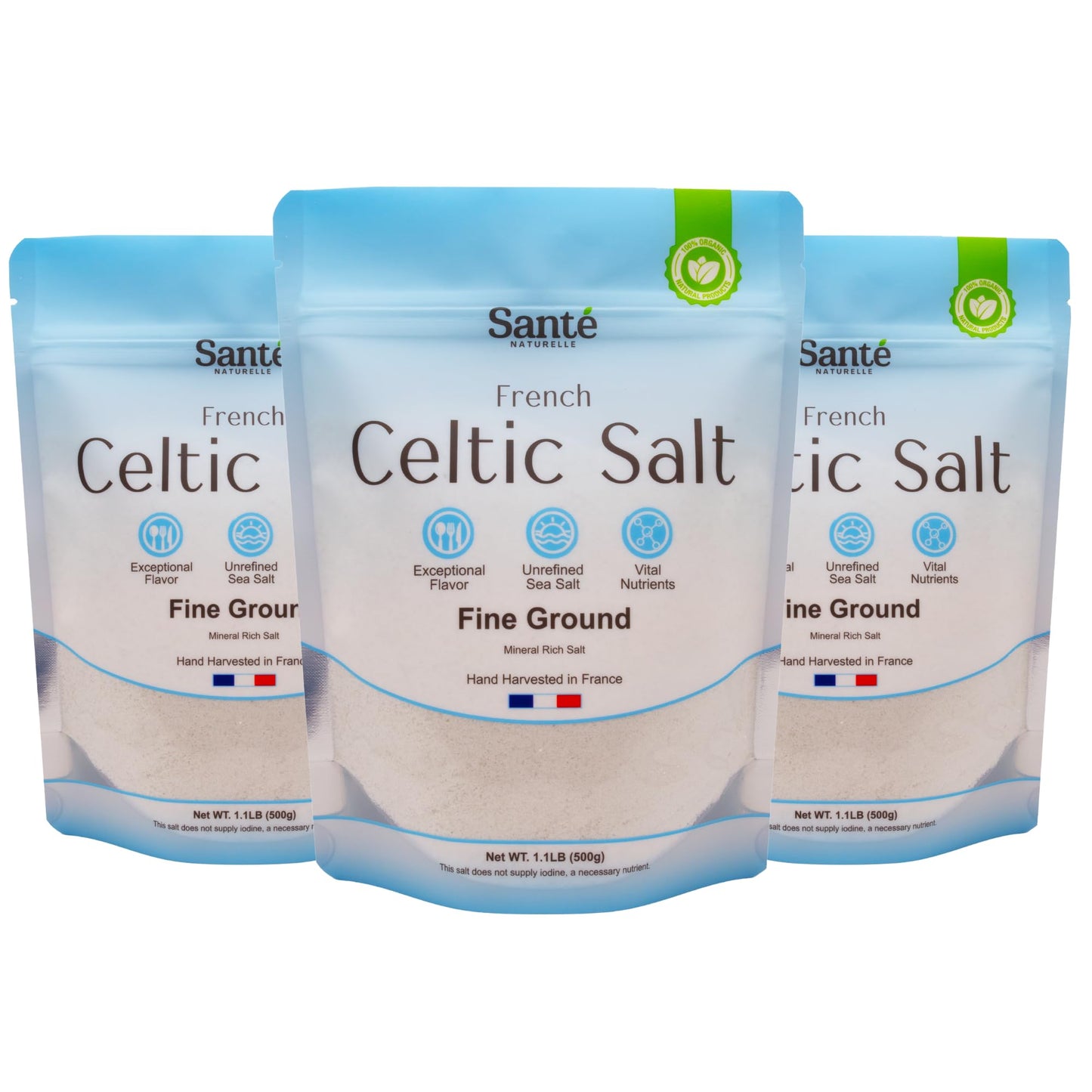 Sante Naturelle Celtic Salt Fine Ground Sea Salt - 1.1lb (18oz) Pack of 3  Unrefined Organic French Sea Salt  Rich in 82+ Minerals Salt  100% Natural & Hand Harvested Sal Celtica