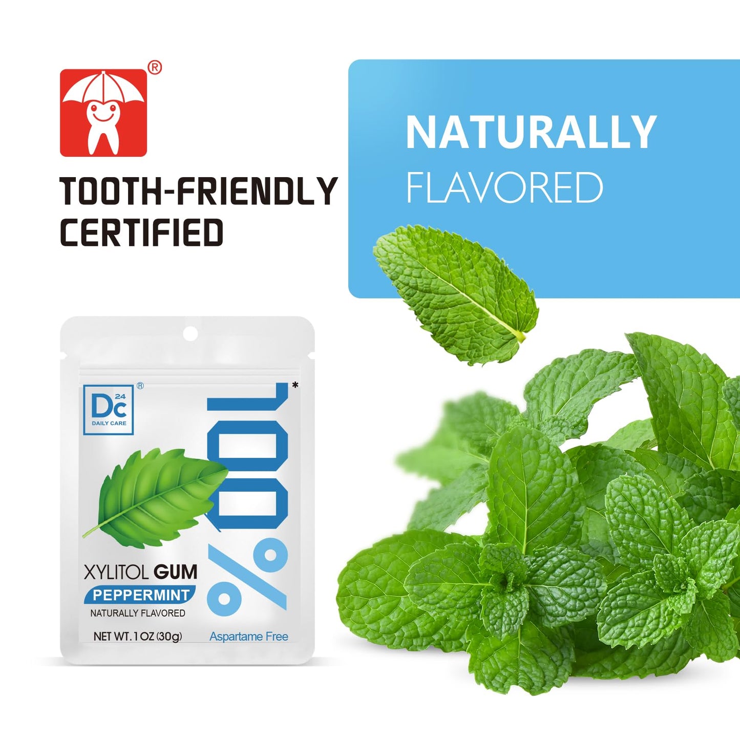 DC24 DAILY CARE 100% Xylitol Gum, Aspartame Free, Sugar Free Peppermint Chewing Gum, Natural Flavors, Gluten Free, Vegan, 20 Pie