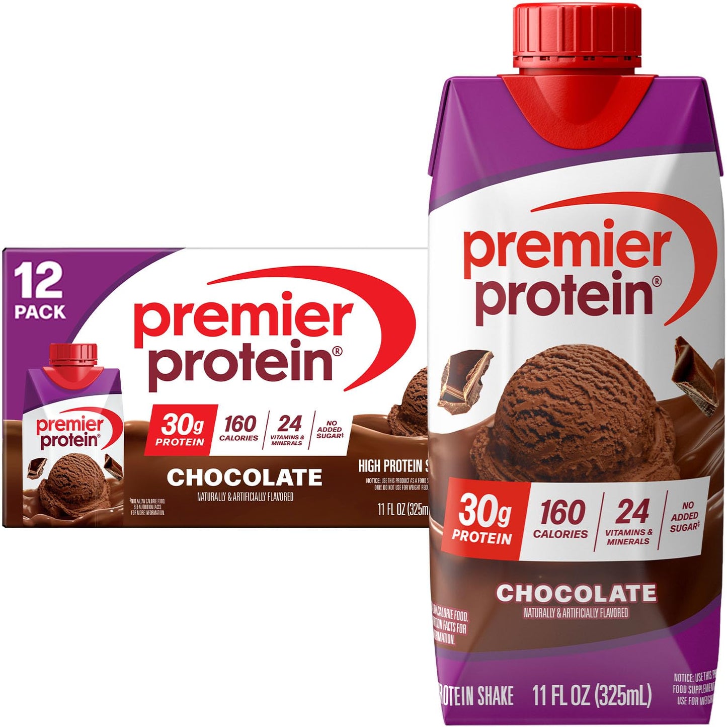 Premier Protein Shake, Chocolate, 30g Protein, No Added Sugar, 24 Vitamins & Minerals to Support Immune Health, 11 fl oz, 12 Pac