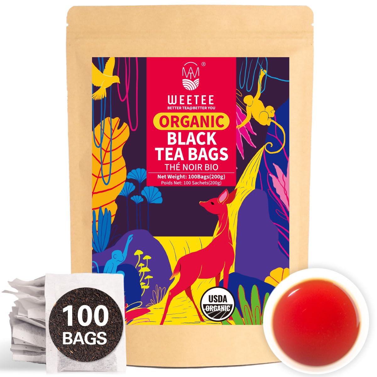 Wt Weetee Organic Black Tea Bags, Organic Black Tea 100 Count, Antioxidant, Caffeinated | Resealable Kraft Bag | Brew Hot Or Iced