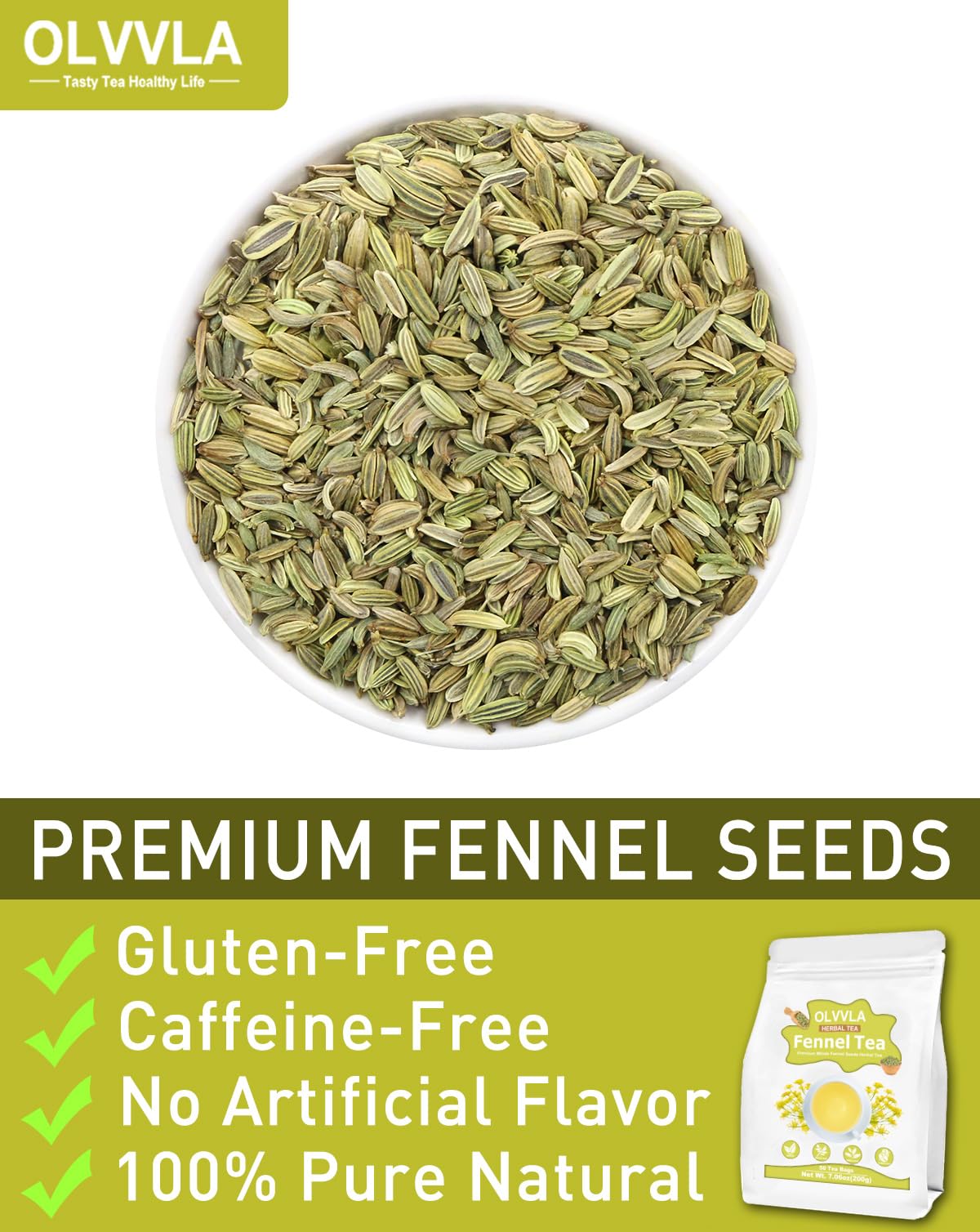 Olvvla Premium Fennel Tea Bags - 4g x 50 Count - 100% Pure Natural - Non-GMO - Caffeine-Free - Supports Digestion