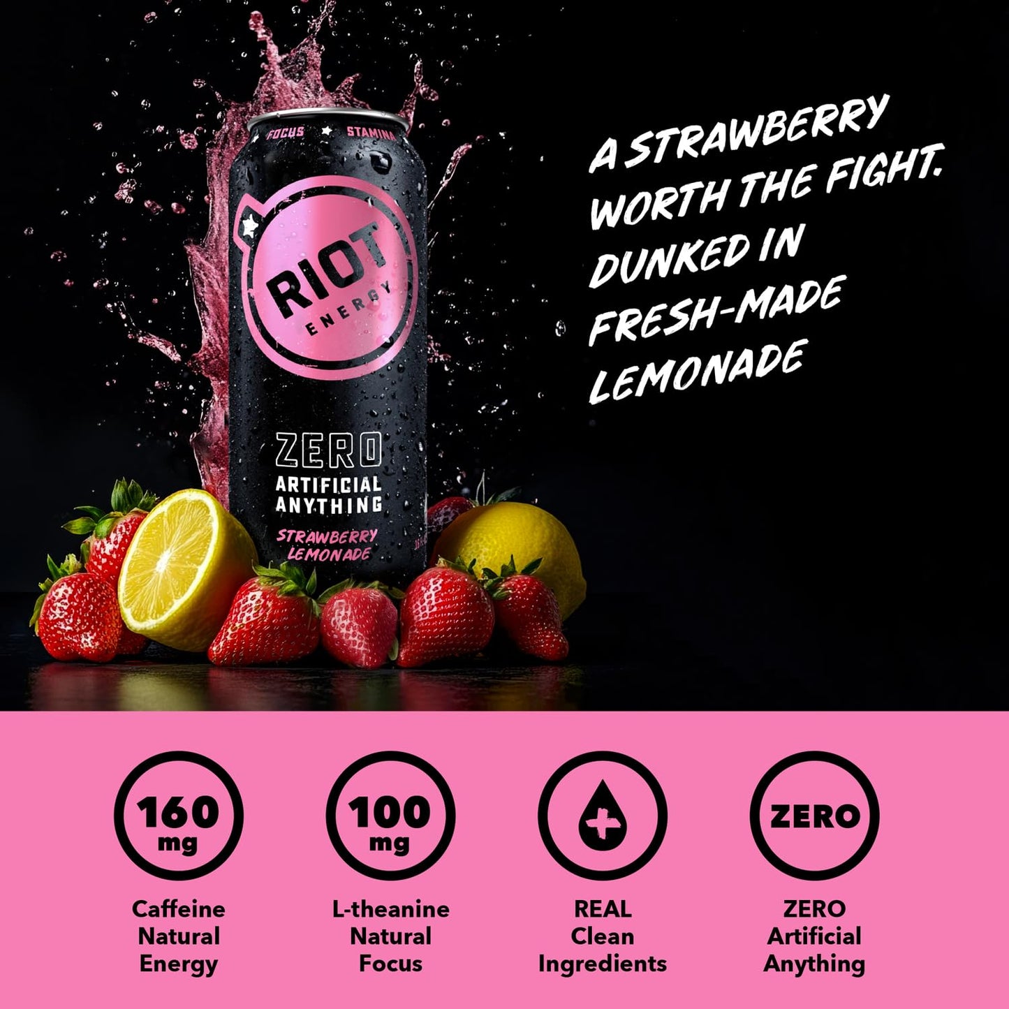 Riot Clean Energy Drink, Strawberry Lemonade, Zero Artificial Anything, No Sucralose, Made With Real Fruit, No Sugar Added, Ener