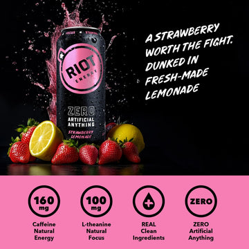 Riot Clean Energy Drink, Strawberry Lemonade, Zero Artificial Anything, No Sucralose, Made With Real Fruit, No Sugar Added, Ener