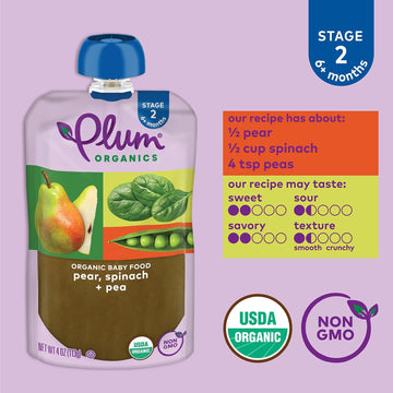 Plum Organics Stage 2 Organic Baby Food - Pear, Spinach, And Pea - 4 Oz Pouch (Pack Of 12) - Organic Fruit And Vegetable Baby Fo