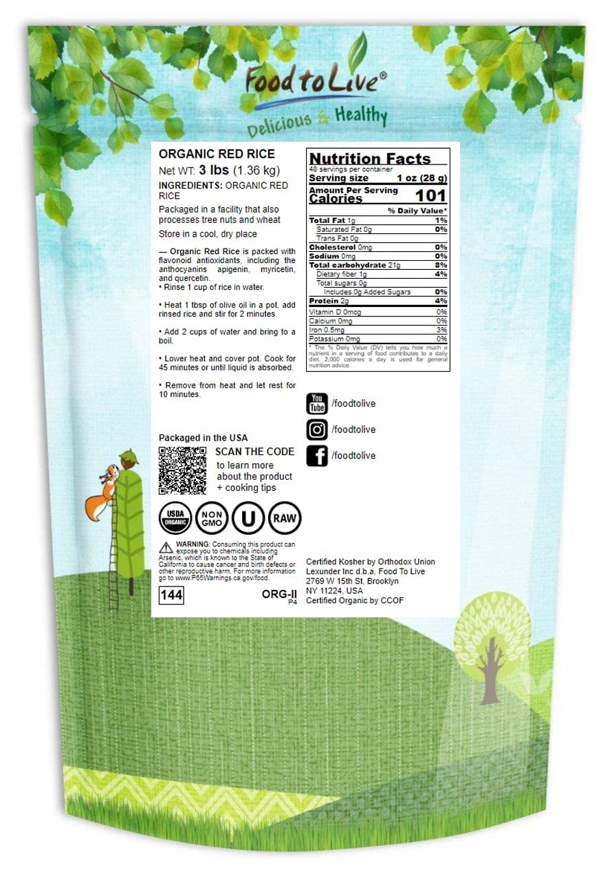 Food to Live Organic Red Rice - Non-GMO, Whole Grain, Vegan - 3 Pound Pack