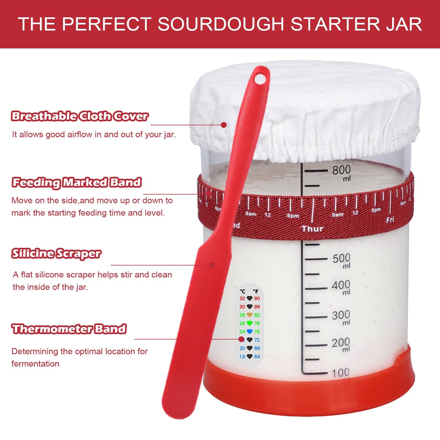 SAGOOITS Sourdough Starter Kit, 34oz Glass Jar with 6 Tools, Red, Basic Model