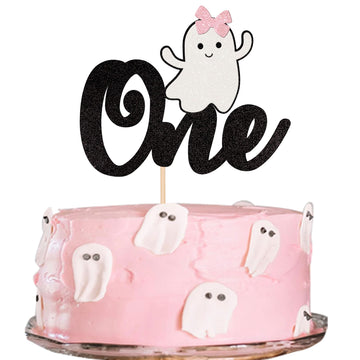 1 Pcs Halloween Ghost One Cake Topper Black And Pink Glitter Baby Ghost 1St Birthday Cake Pick The Spooky One Cake Decoration Fo