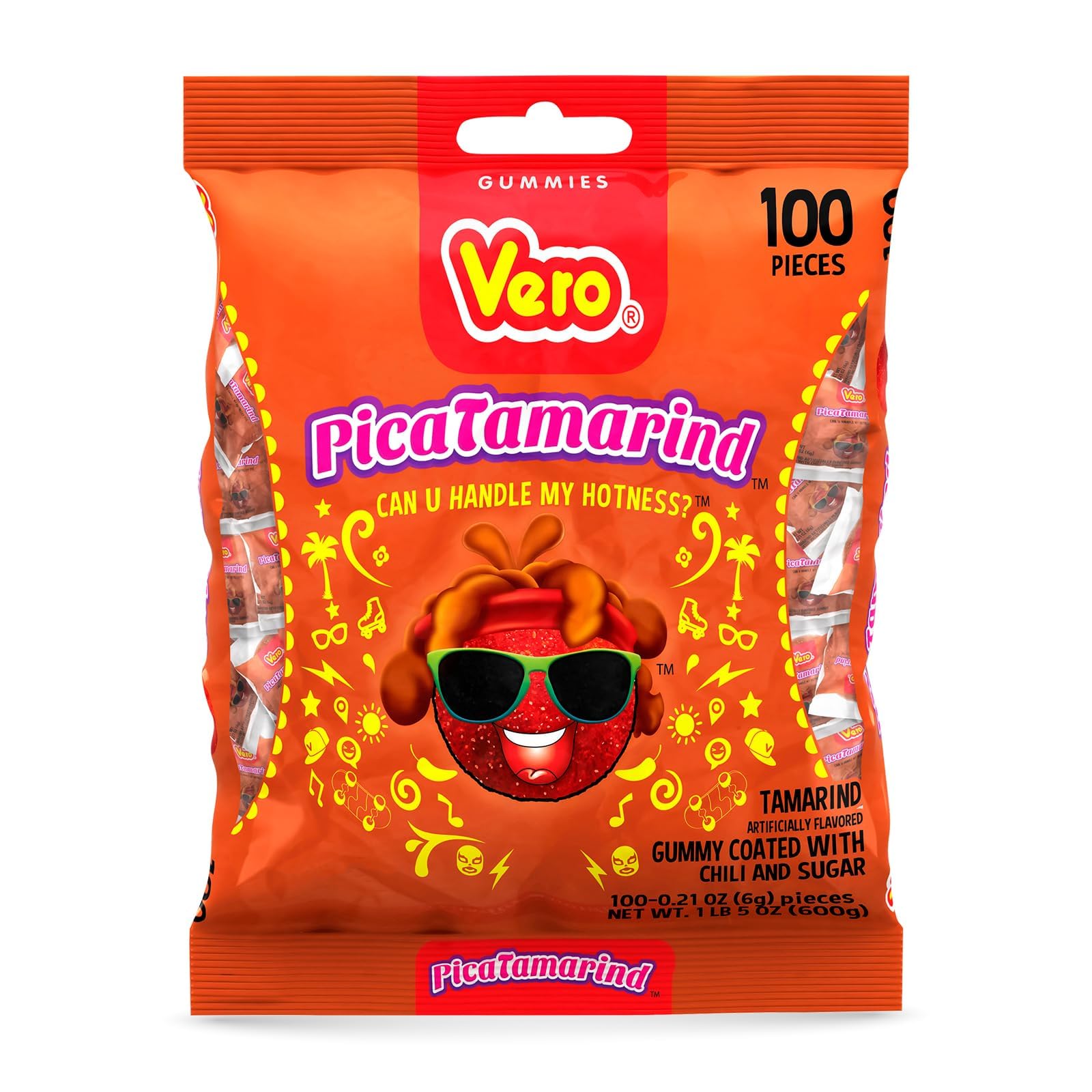 Vero Picatamarind - Tamarind Flavor Chewy Gummy Treats Coated With Chili Powder & Sugar 100 Pieces (5.15 Oz) - Mexican Candy - Individually Wrapped Gummies For Halloween, Piñatas, And More
