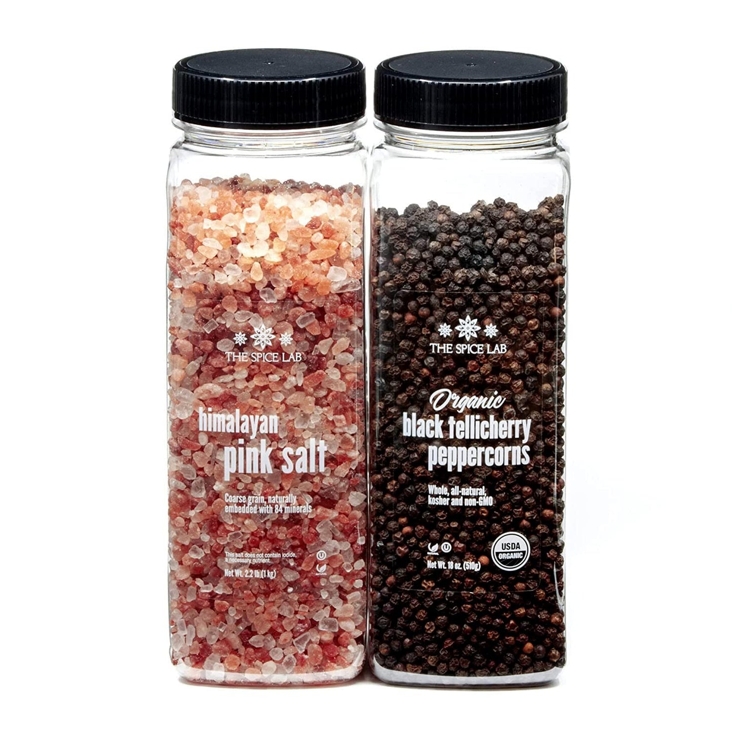 The Spice Lab Pink Himalayan Salt Coarse & Tellicherry Peppercorns Combo Set - 2 Piece, 2.2 lb Salt, 18 oz Pepper, USDA Organic