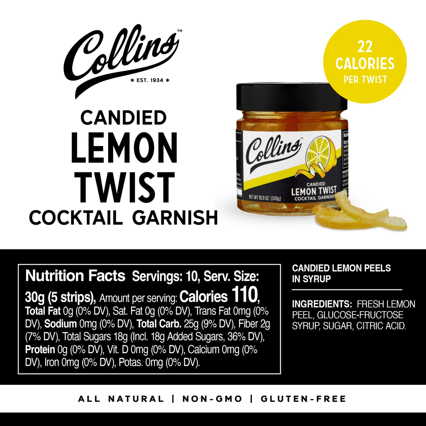 Collins Lemon Twist in Syrup, Cocktail Garnish, 10.9 oz, Yellow, Model 11226