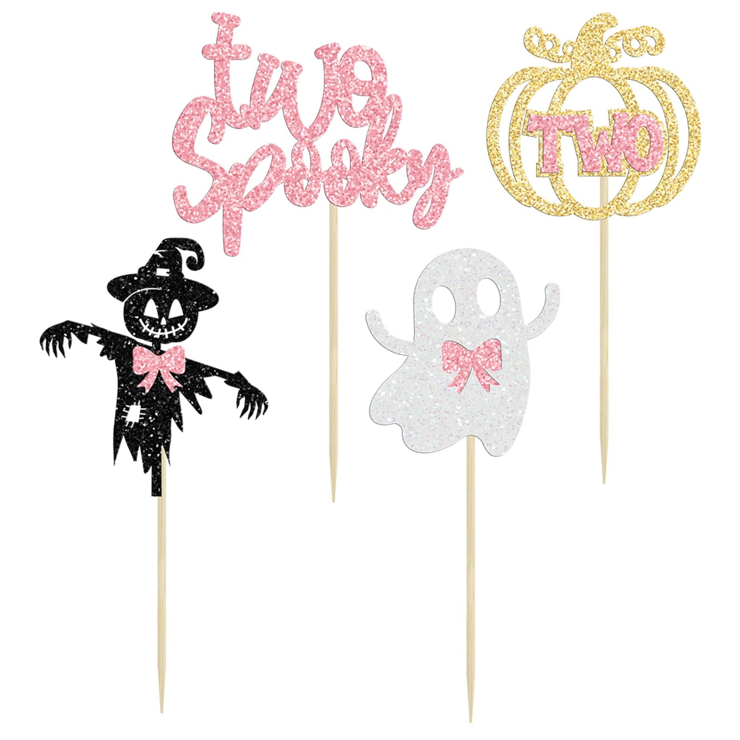 Gyufise 24Pcs Halloween Two Spooky Cupcake Toppers Pink Glitter Ghost Pumpkin Cupcake Picks Girl Spooky Halloween Cake Decoratio