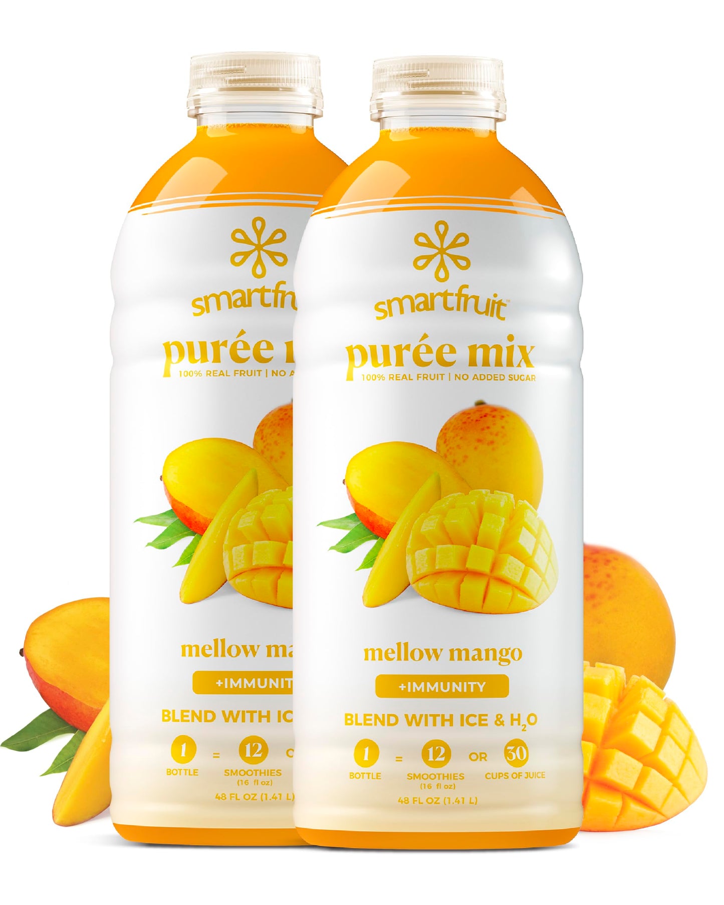 Smartfruit Mellow Mango + Immunity - 100% Real Fruit Pur?e w/Mango  Banana  Apple  Pineapple - Great for Smoothies  Juice  Yogurt  Cocktails  Tea - High in Vitamin C  Selenium  Zinc - 2-Pk  48oz Each