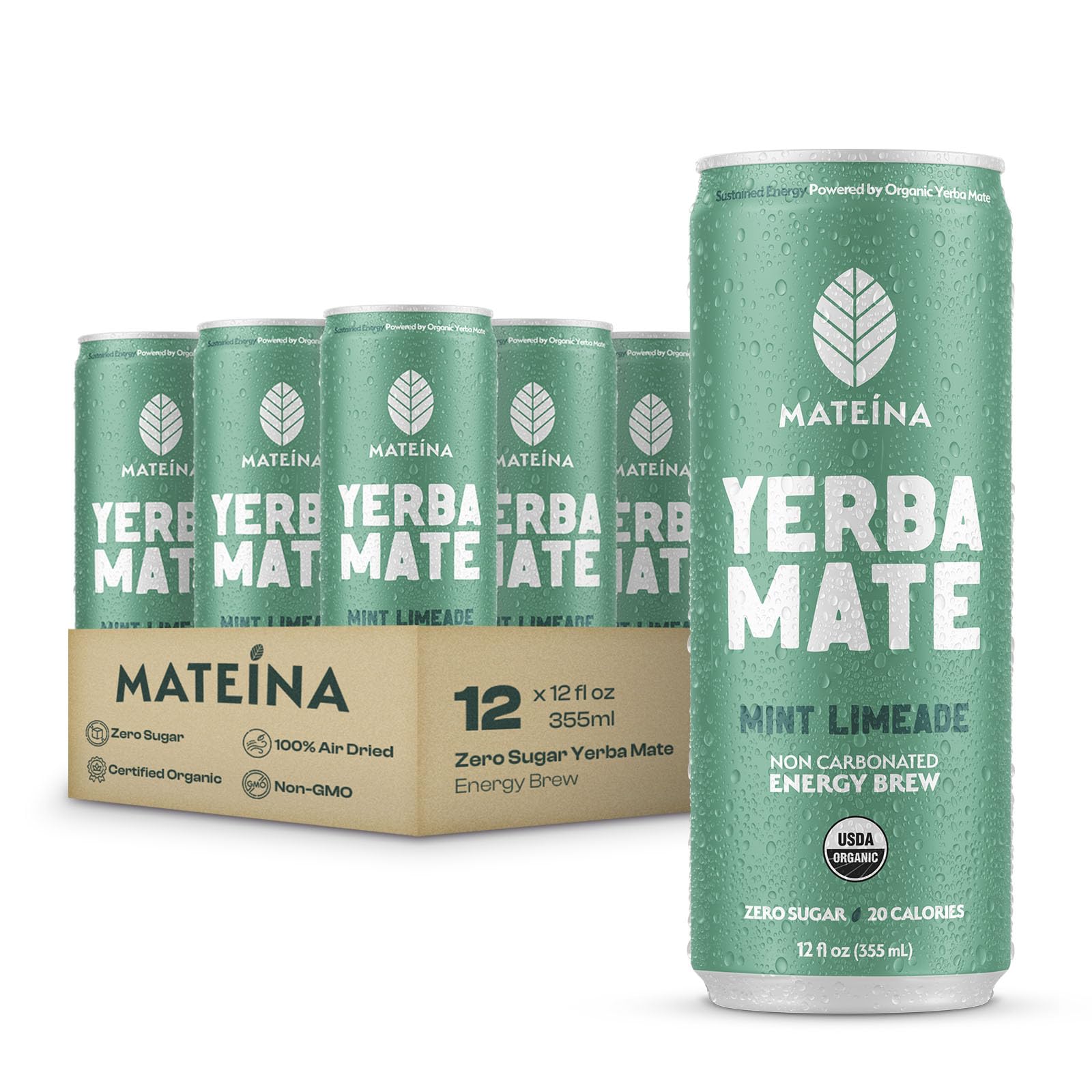 Mateina Yerba Mate Zero Sugar Energy Drink - 120mg Natural Caffeine - Organic  Non-GMO  Non-Carbonated - Dr. Andrew Huberman Recommended - 12 Pack (12oz Cans) (12 Pack  Mint Limeade)