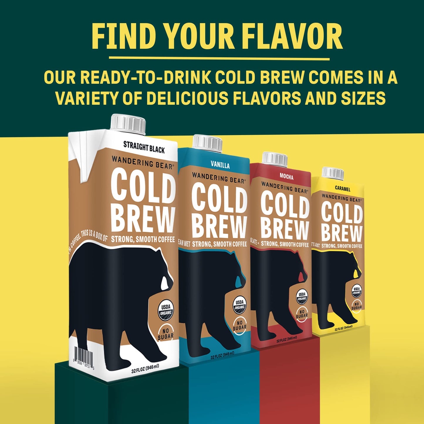 Wandering Bear DECAF Cold Brew Coffee  32 fl oz  6 pack - Smooth  Bold  Unsweetened  Shelf-Stable  and Ready to Drink Iced Coffee  Cold Brewed Coffee  Cold Coffee