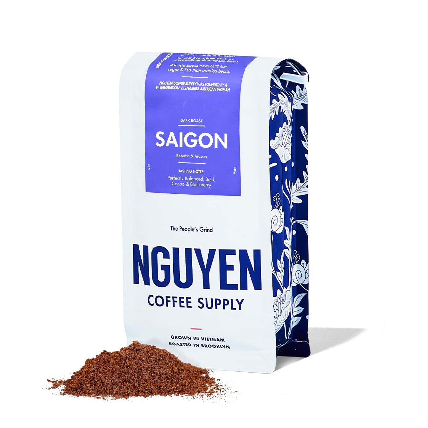 Nguyen Coffee Supply Dark Roast Premium Ground Coffee, Saigon Robusta & Arabica Blend, 12 oz Bag, Low Acid, High Caffeine