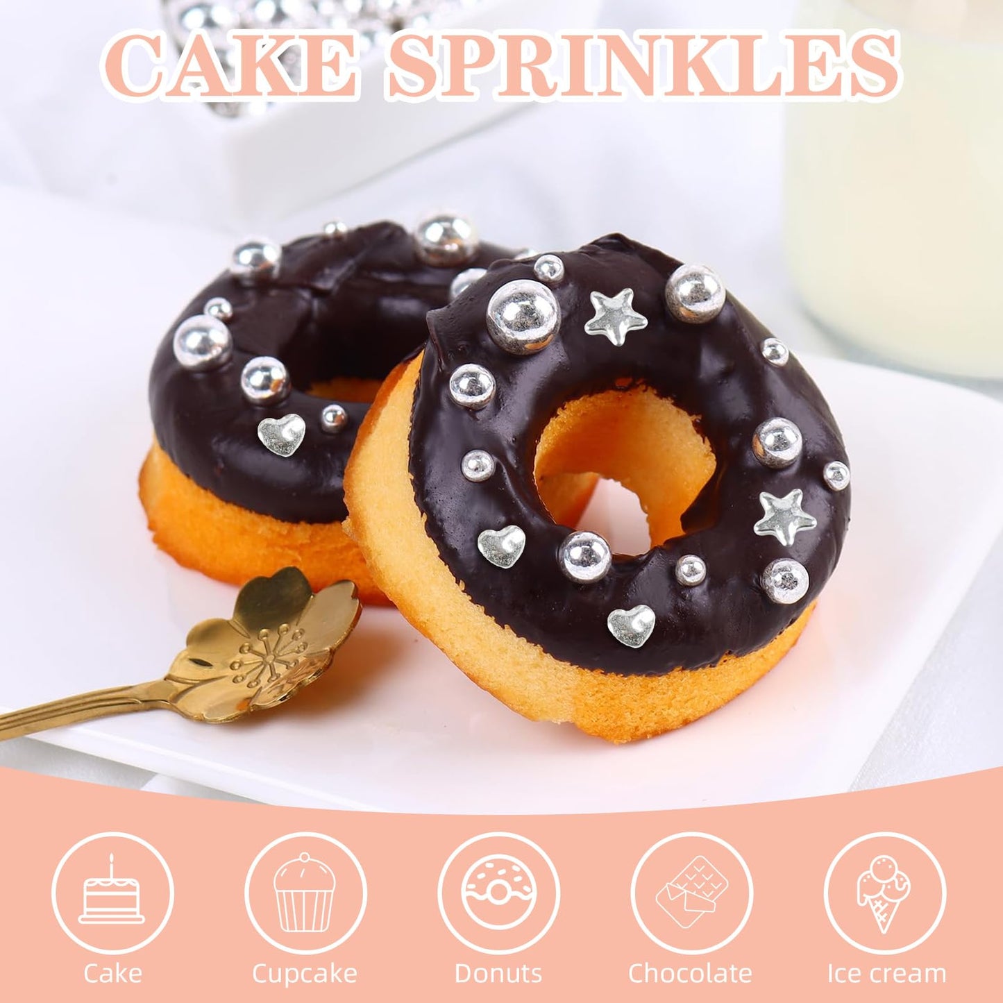 Kasvan Silver Pearl Sugar Sprinkles, 6 Sizes Mix For Cake Decorating, 230G/8.1Oz, Ice Cream Toppings And Cookie Decorating, Wedd
