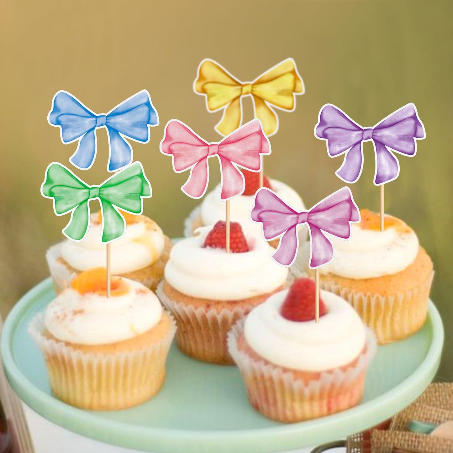 24 Pack Bow Cupcake Toppers Bowknot Pink Purple Blue Yellow Green Mulitycolor Cupcake Picks Bridal Baby Shower Cake Dessert Pick