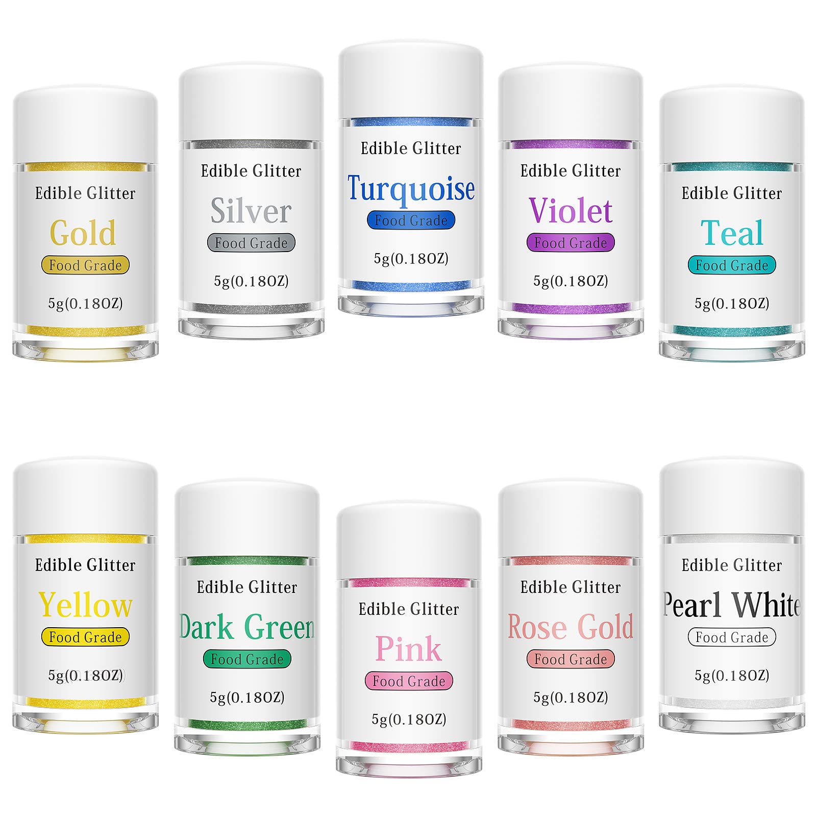 Nomeca Edible Glitter Set - 10 Colors for Drinks, Cakes, Cupcakes - 5g/bottle