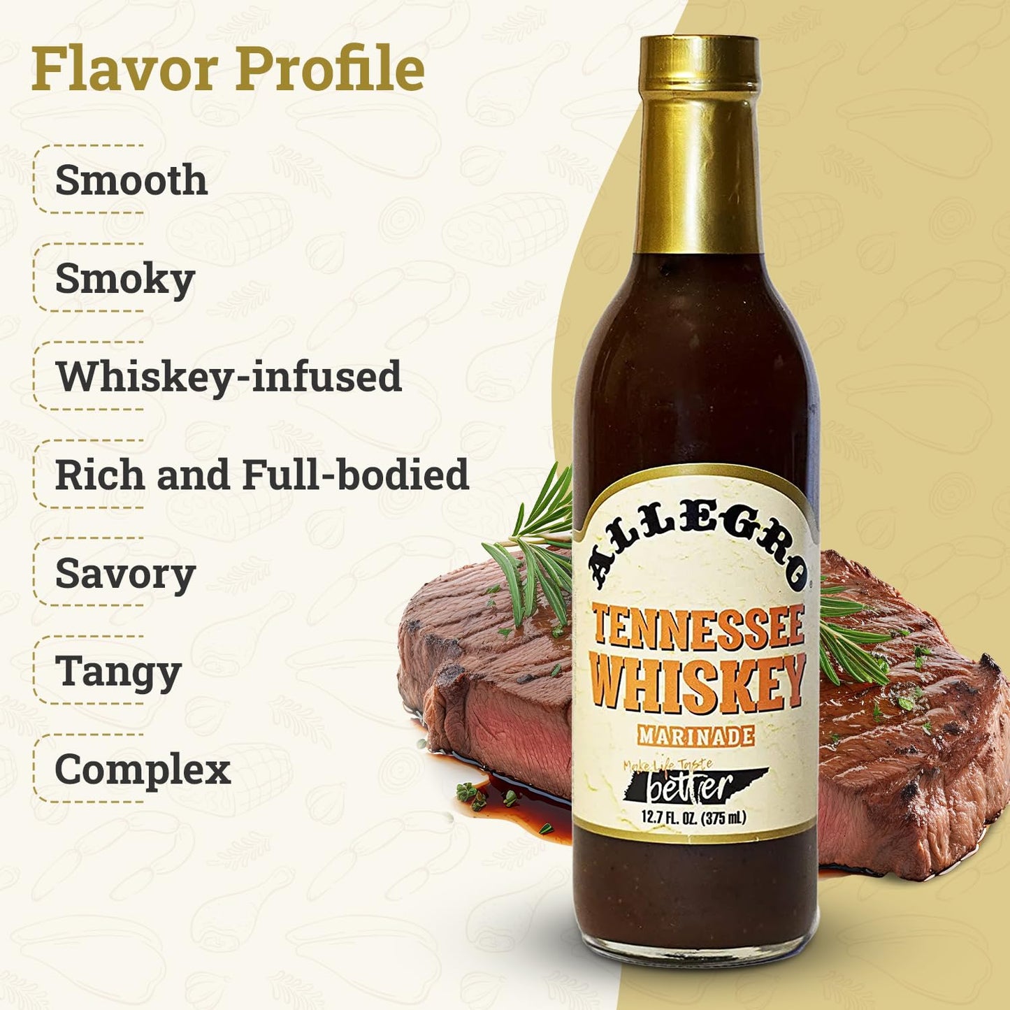 Allegro Marinade for Meat & Veggies, Kosher & Gluten Free, 12.7 Fl Oz, Tennessee spirit-inspired flavor Flavor