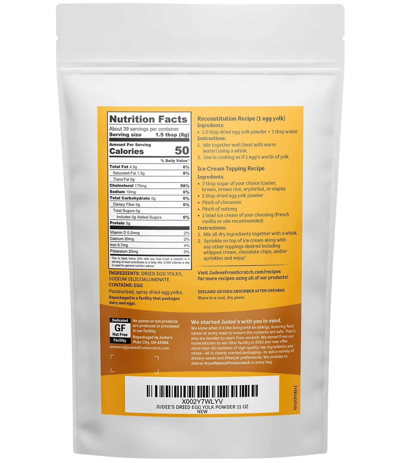 Judee s Gluten Free Dried Egg Yolk Powder - Egg Substitute for Baking & Cooking - Protein Powder for Smoothies & Sauces - Glute