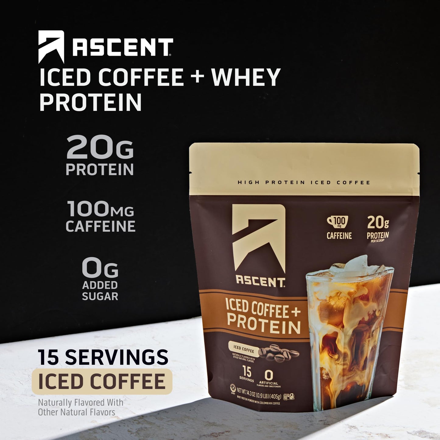 Ascent Iced Coffee Protein Powder - 20g Protein, 100mg Caffeine, 14.3 oz, Zero Artificial Flavors & Sweeteners
