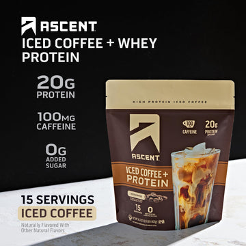 Ascent Iced Coffee Protein Powder - 20g Protein, 100mg Caffeine, 14.3 oz, Zero Artificial Flavors & Sweeteners